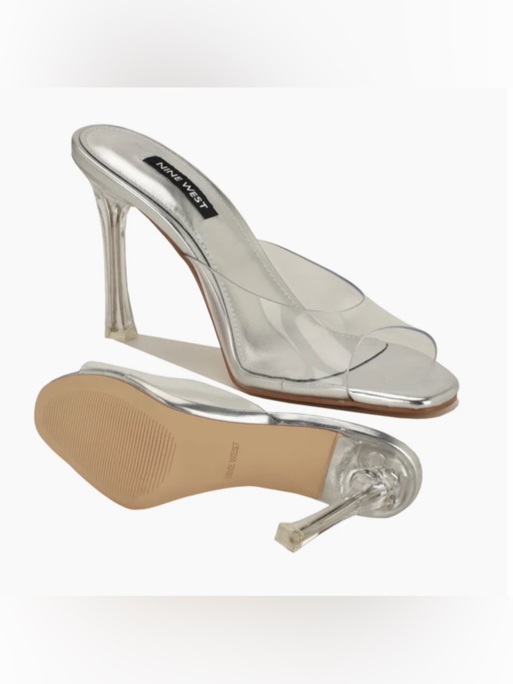 Nine West Kisco Mule Sandal Silver Clear Vinyl Heels NEW 8.5 - Picture 1 of 5